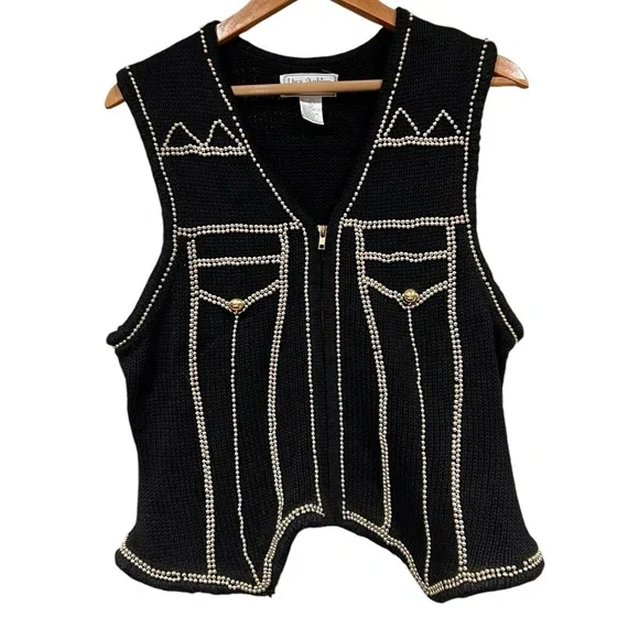 Vintage Lisa Ashley Beaded Vest black & gold Large Cottagecore Grandmacore Women - Picture 2 of 8